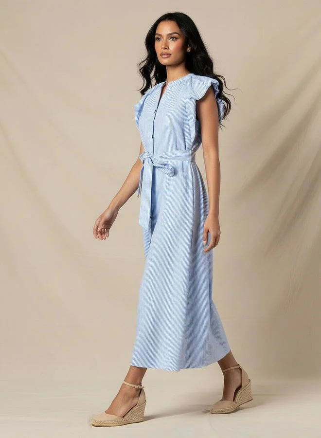 ايكونيك Iconic Striped A-line Women Dress with Tie-Up Belt